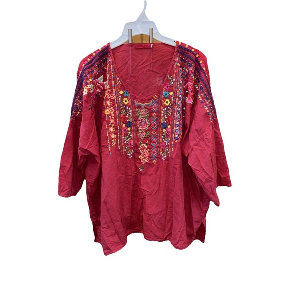 Johnny Was Peasant Blouse 1X Embroidered Cotton Top 3/4 Sleeve Pullover Red Slit - Picture 9 of 9